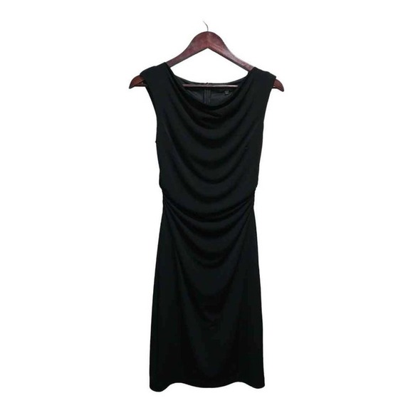 Sleeveless Draped black lined, sheath dress by David Meister. Size 2 - Picture 2 of 5